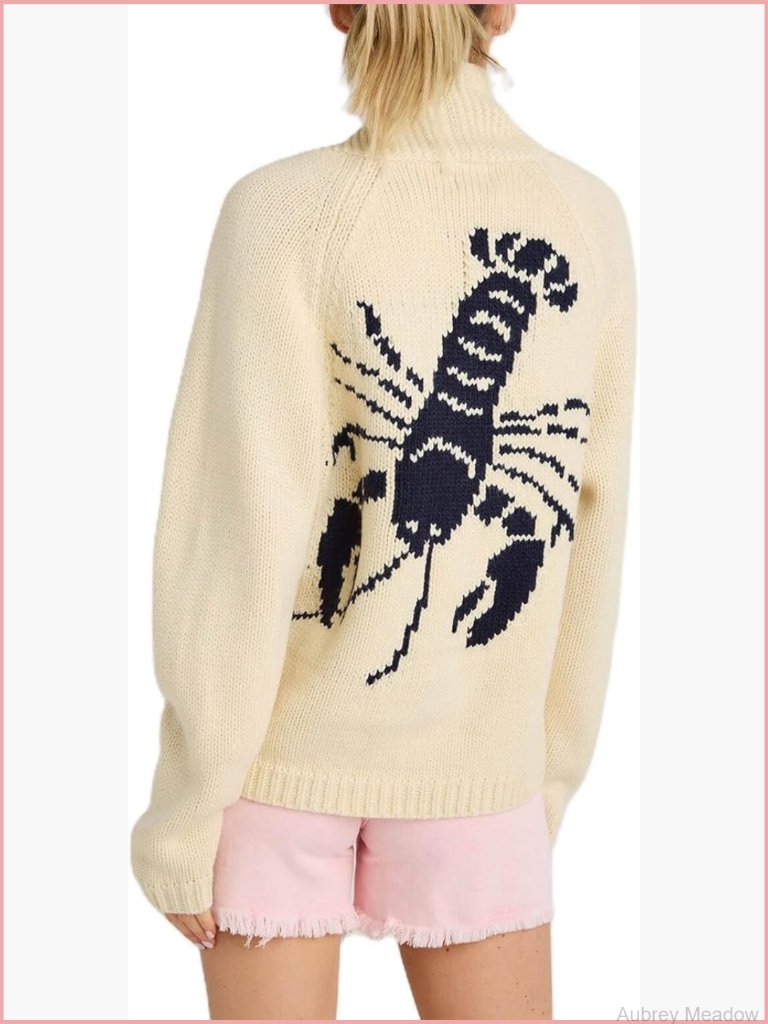 V-Neck Cardigan Sweater Lobster Print Shawl Collar Button Down Long Sleeve Knit